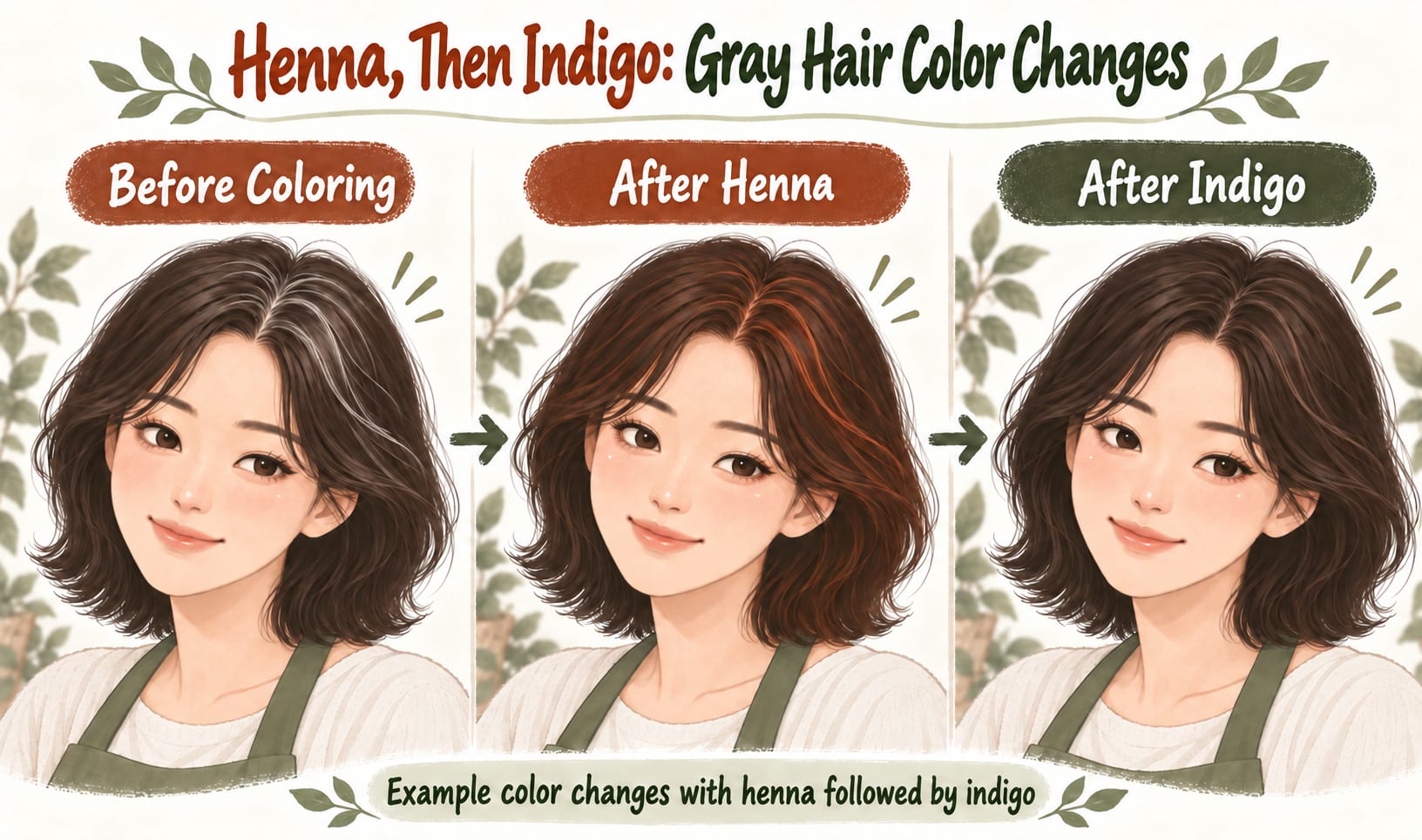 Henna then indigo, example of how grey hair changes colour – grey before dyeing, orange after henna, darker after indigo