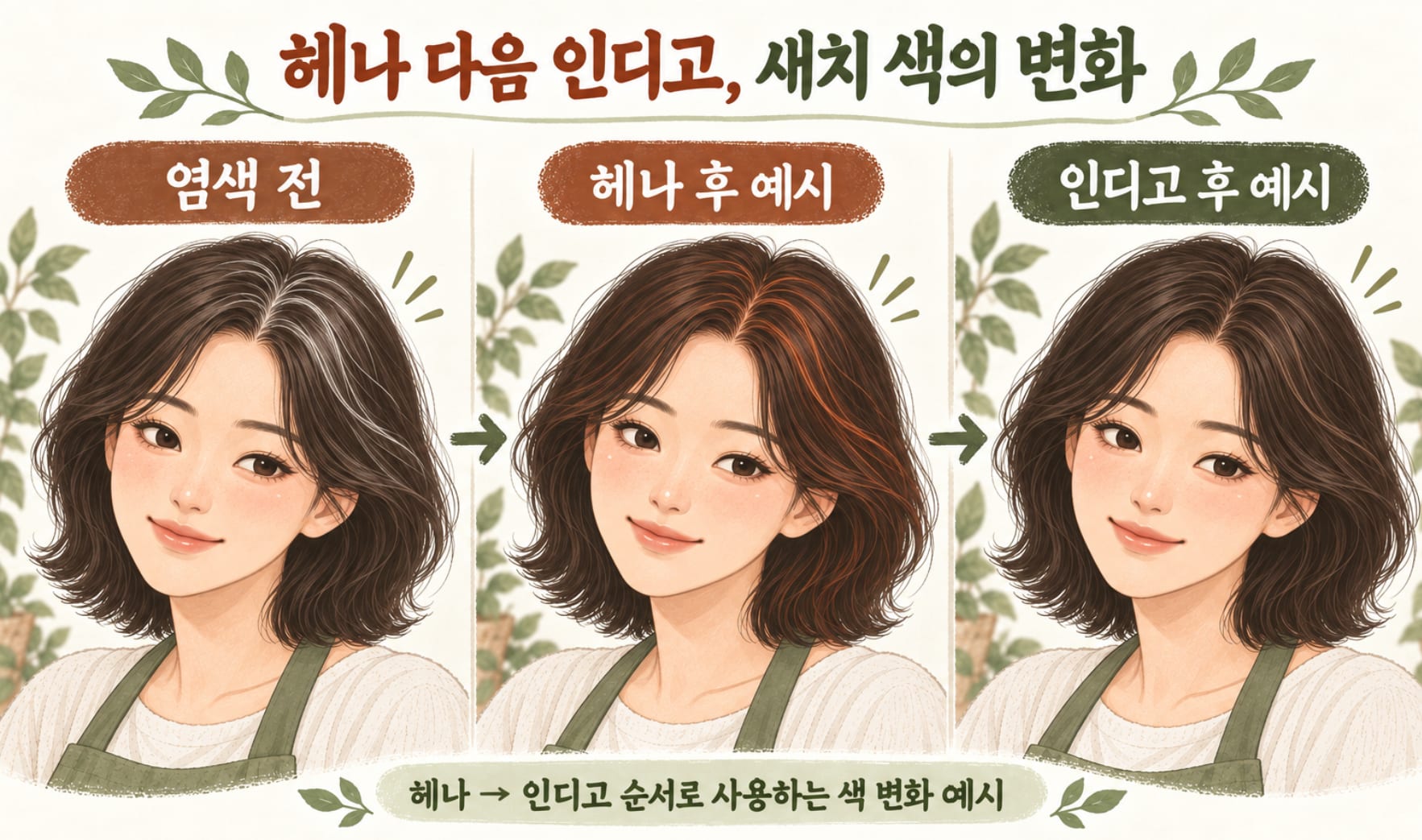 헤나 다음 인디고, 새치 색 변화 예시 – 염색 전 흰머리, 헤나 후 주황빛, 인디고 후 어두운 색