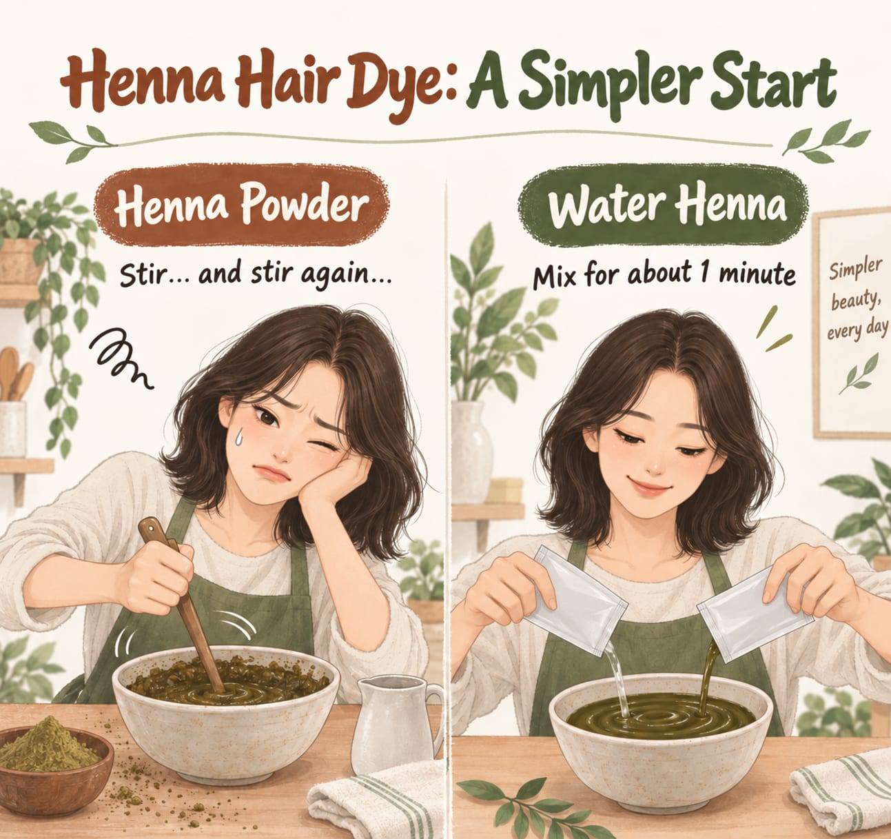 Henna powder vs. Water Henna – powder means stirring and stirring again; Water Henna means mixing two pouches (oil and essence) for about a minute