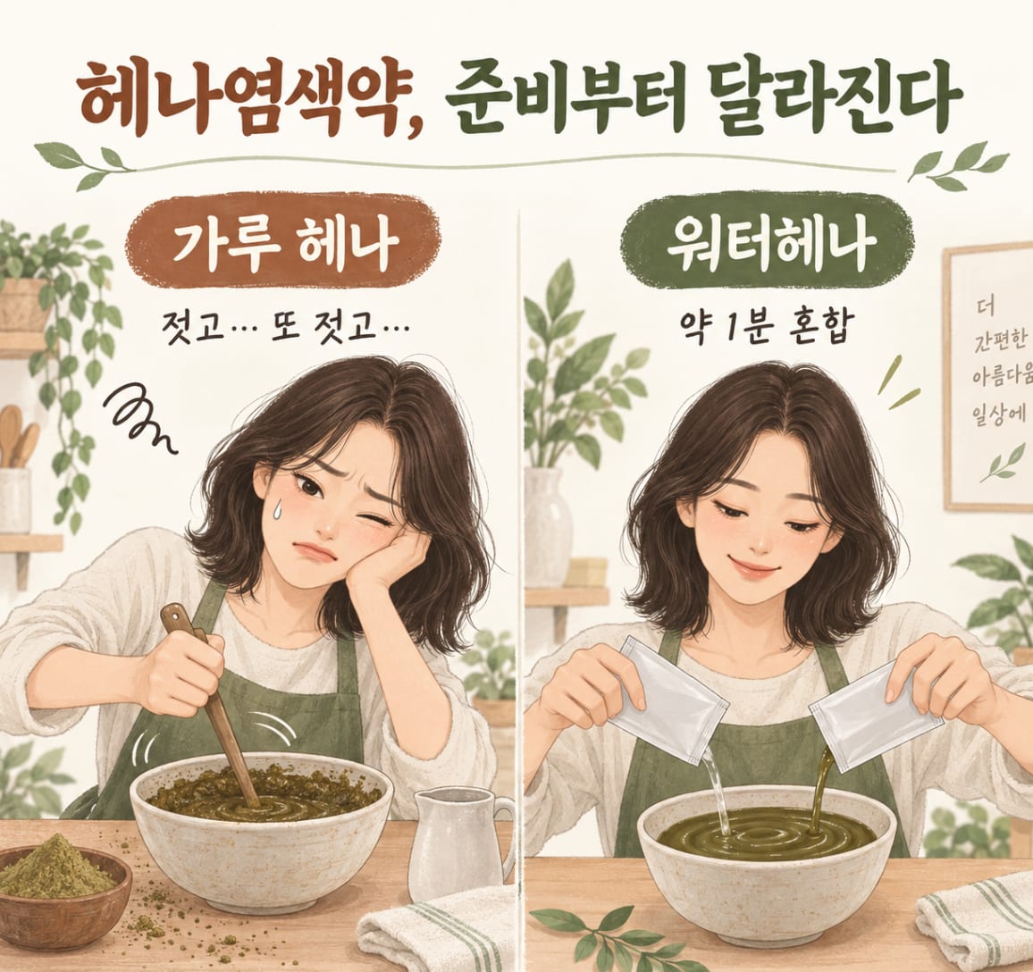 가루헤나 vs. 워터헤나 – 가루 헤나는 젓고 또 젓고, 워터헤나는 오일·에센스 파우치를 약 1분 혼합
