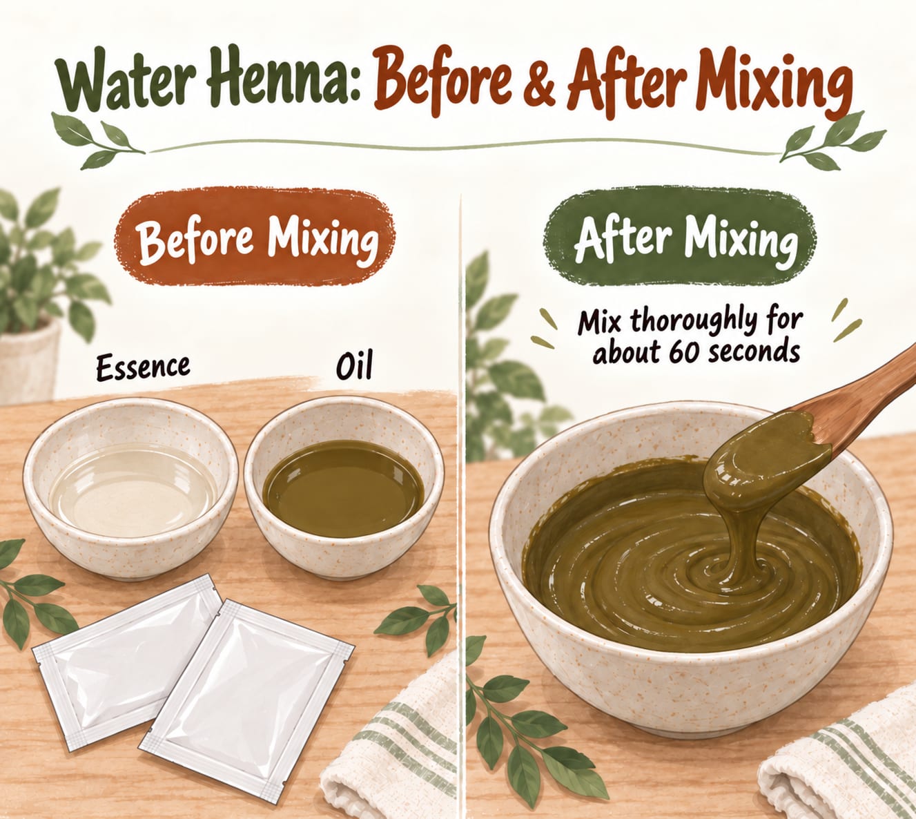 Essence and the oil that carries the natural pigment, before and after mixing – blend the two pouches thoroughly for about 60 seconds to get a smooth paste